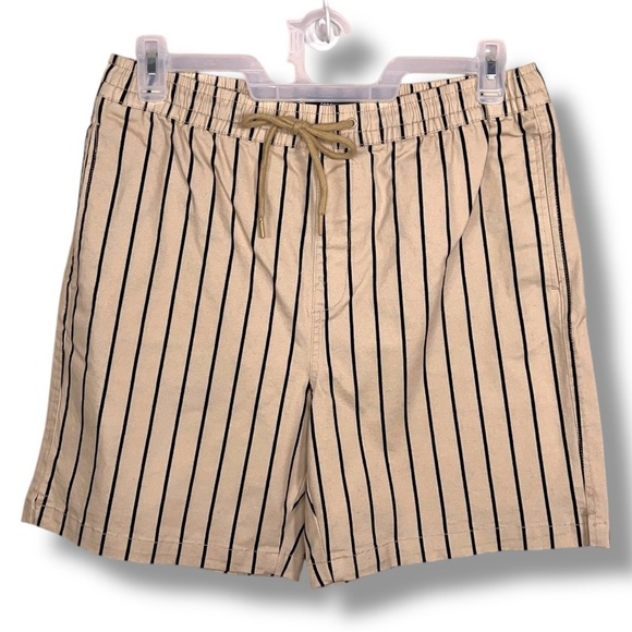 New Large Mens Striped Shorts Forever 21 Beige Taupe Black Drawstring Elastic - Picture 1 of 9